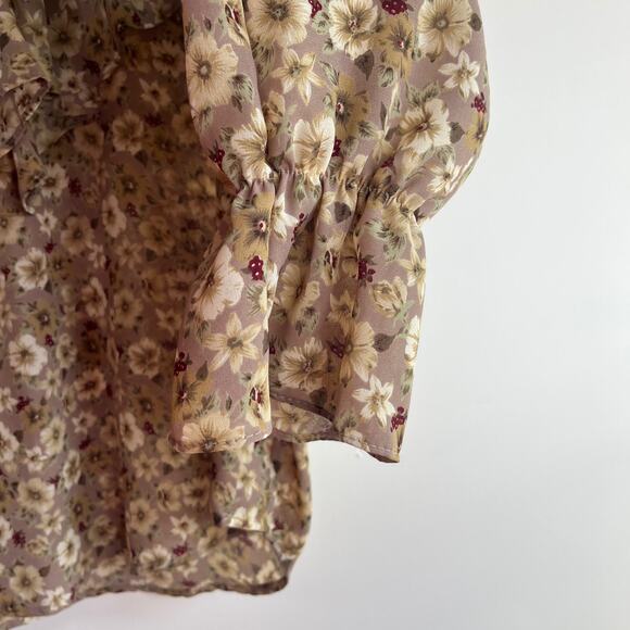 Vintage Try 1 Floral Ruffle Peasant Blouse Pearl Button Beige Brown USA Size M - Picture 9 of 11